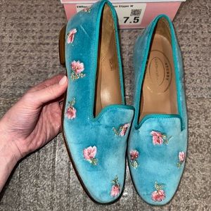 LoveShackFancy x Stubbs & Wootton Roses Slipper Flats Turquoise Blue Velvet 7.5